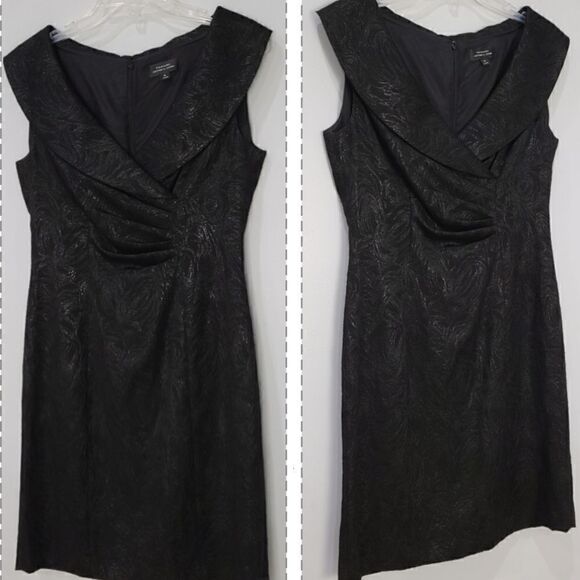 Tahari-Black Shiny PORTRAIT COLLAR Jacquard SHEATH DRESS Party Cocktail Woman 6 - Picture 8 of 16